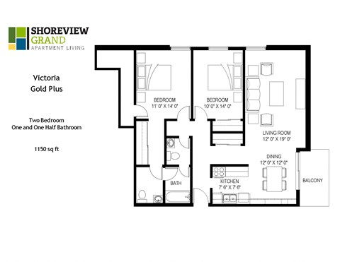 Floor plan for 2 beds, 1 bath, 1150 sqft